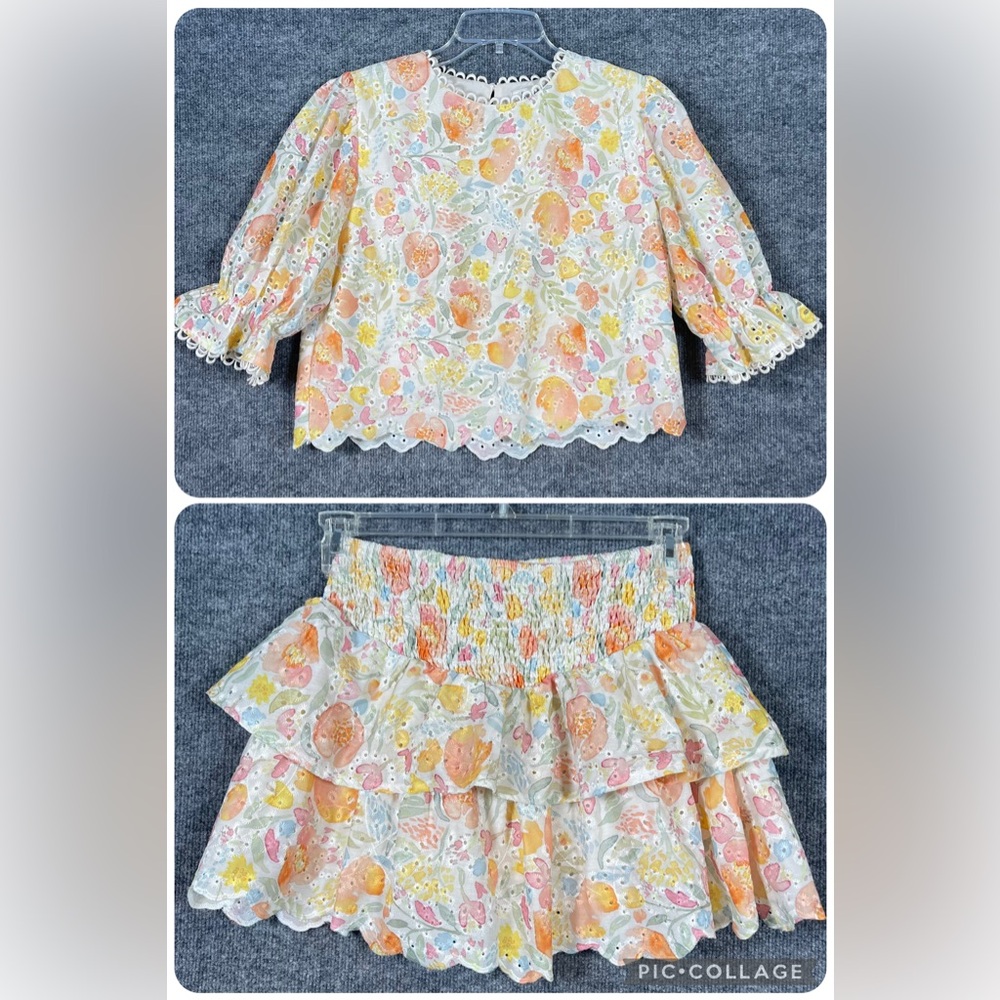 Avara Women’s Medium 2PC‎ Set Multicolor Floral Puff Sleeve Top Tiered Skirt